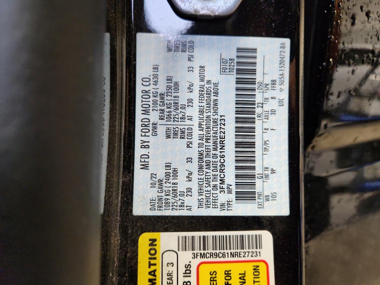 2022 Ford Bronco Sport Outer Banks VIN: 3FMCR9C61NRE27231 Lot: 93220275