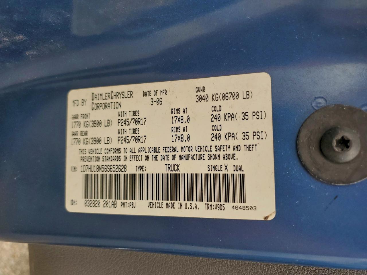 2006 Dodge Ram 1500 St VIN: 1D7HU18N56S652628 Lot: 92386805