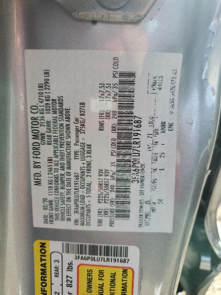 2020 Ford Fusion Se VIN: 3FA6P0LU7LR191687 Lot: 91064095