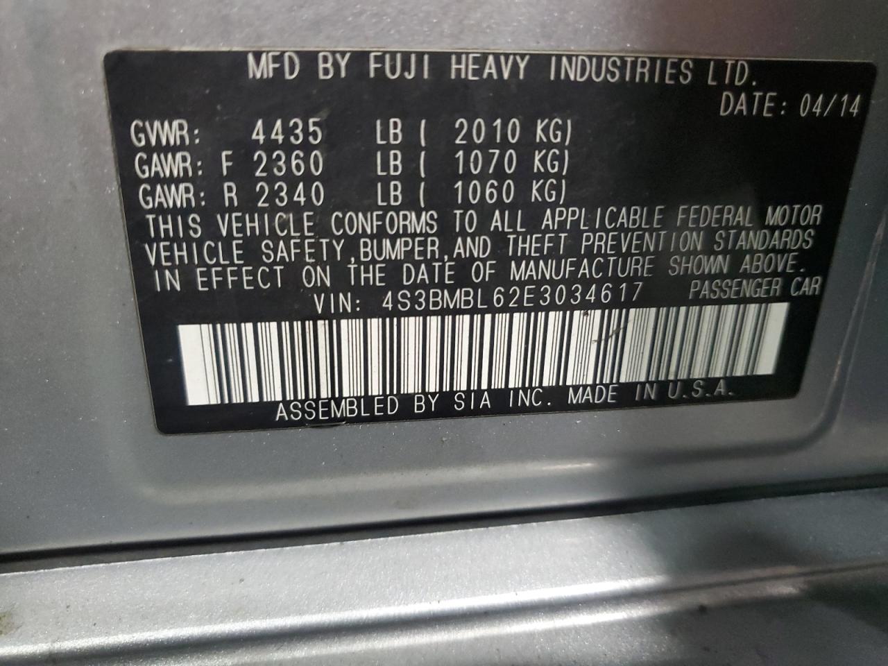 2014 Subaru Legacy 2.5I Limited VIN: 4S3BMBL62E3034617 Lot: 91409495