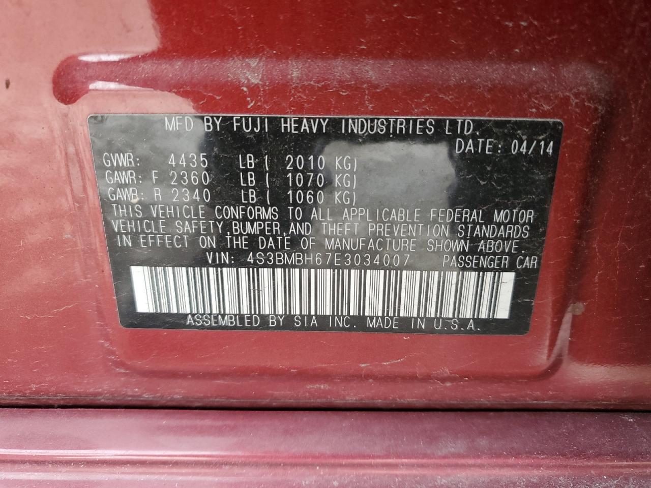 2014 Subaru Legacy 2.5I Sport VIN: 4S3BMBH67E3034007 Lot: 92406295