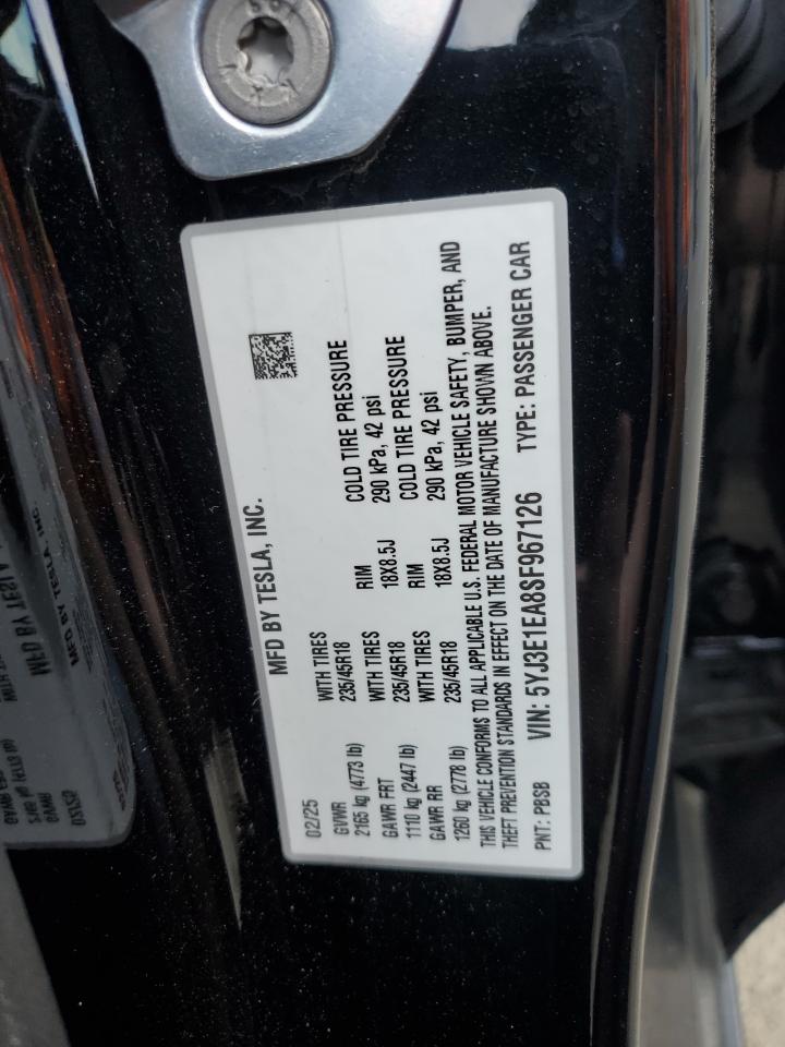 2025 Tesla Model 3 VIN: 5YJ3E1EA8SF967126 Lot: 93017505