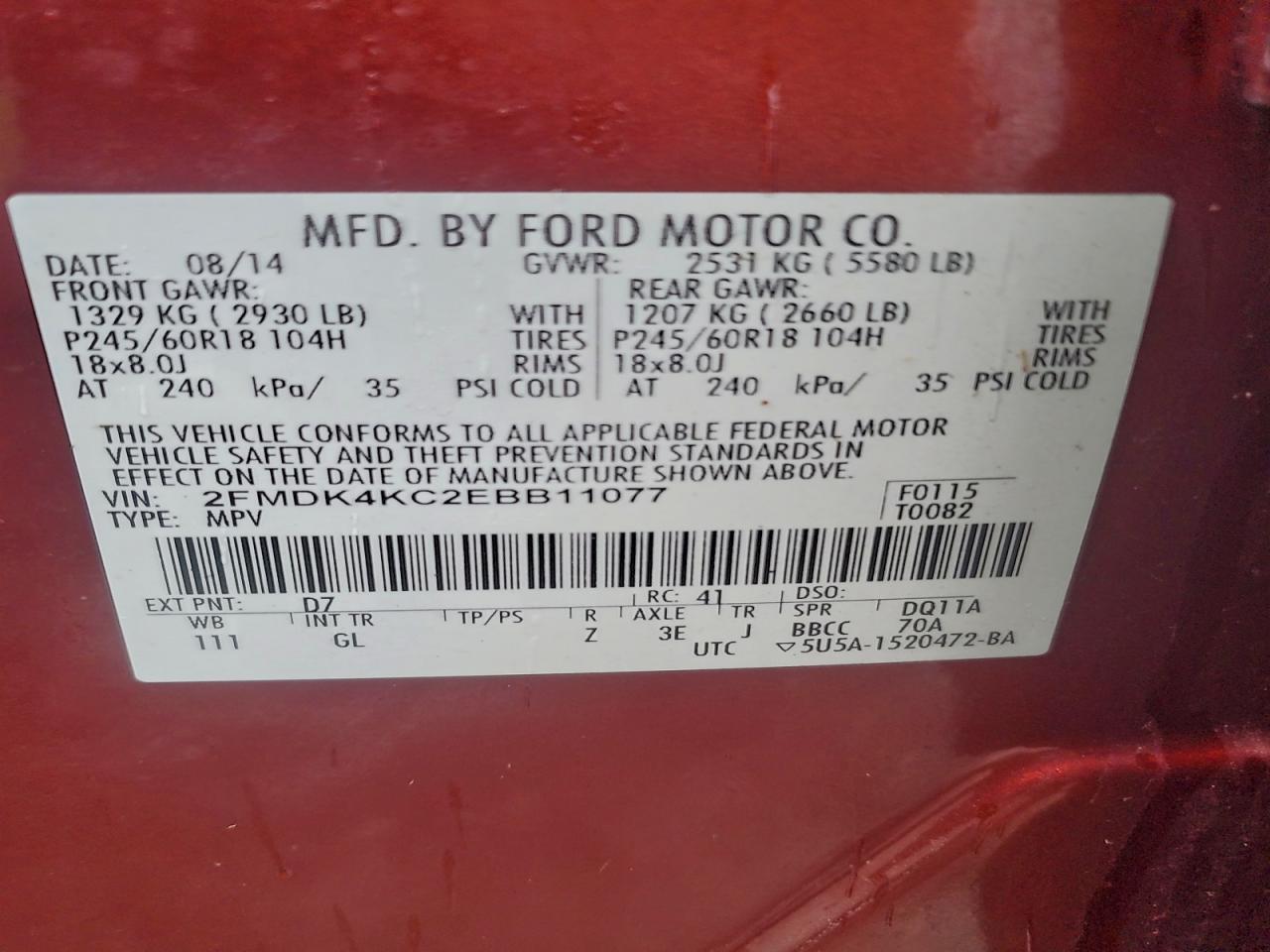 2014 Ford Edge Limited VIN: 2FMDK4KC2EBB11077 Lot: 93528315