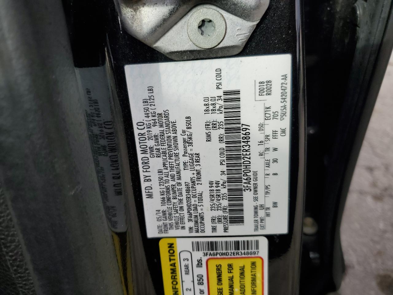 2014 Ford Fusion Se VIN: 3FA6P0HD2ER348697 Lot: 92129795