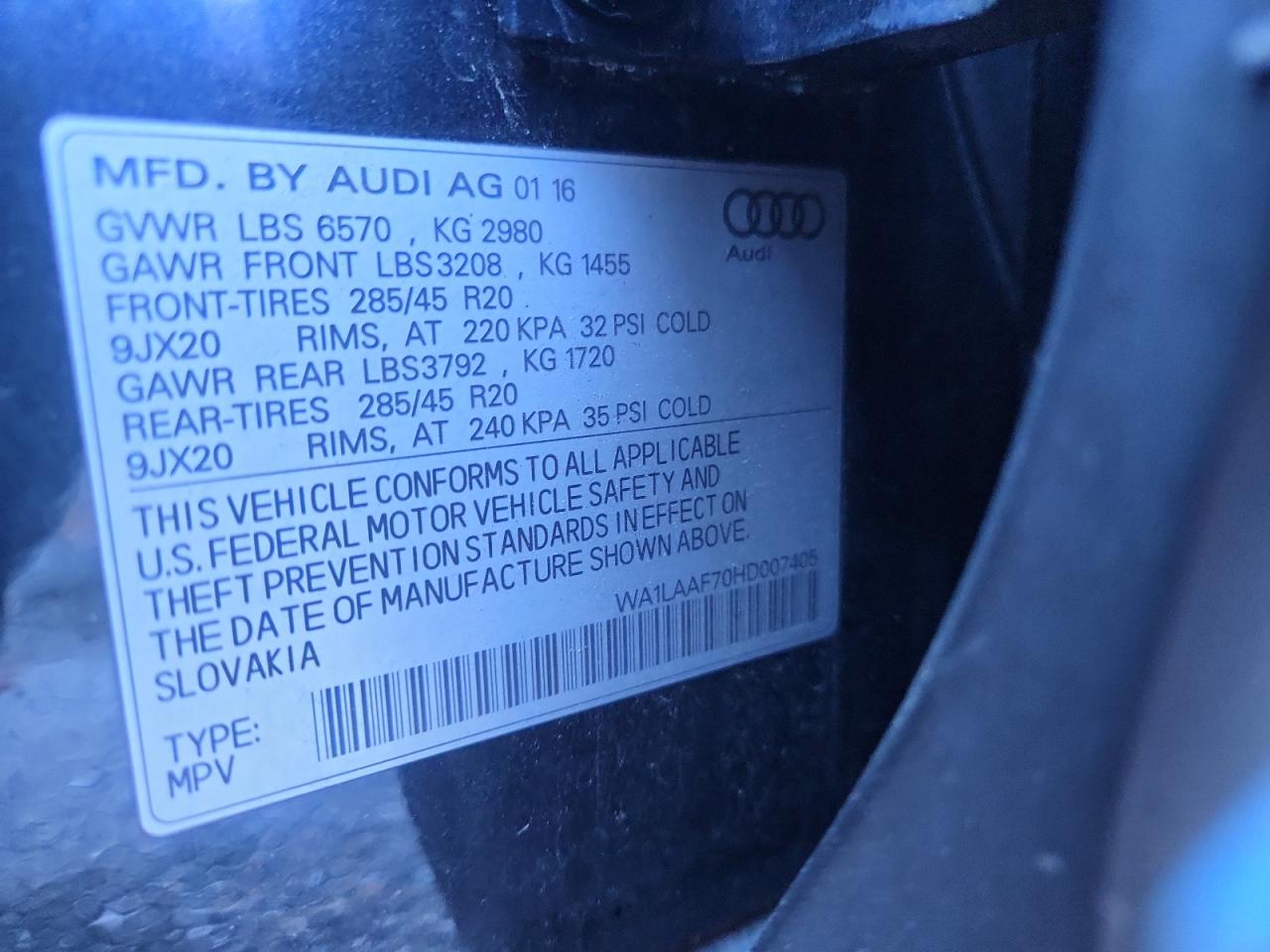 2017 Audi Q7 Premium Plus VIN: WA1LAAF70HD007405 Lot: 92714455