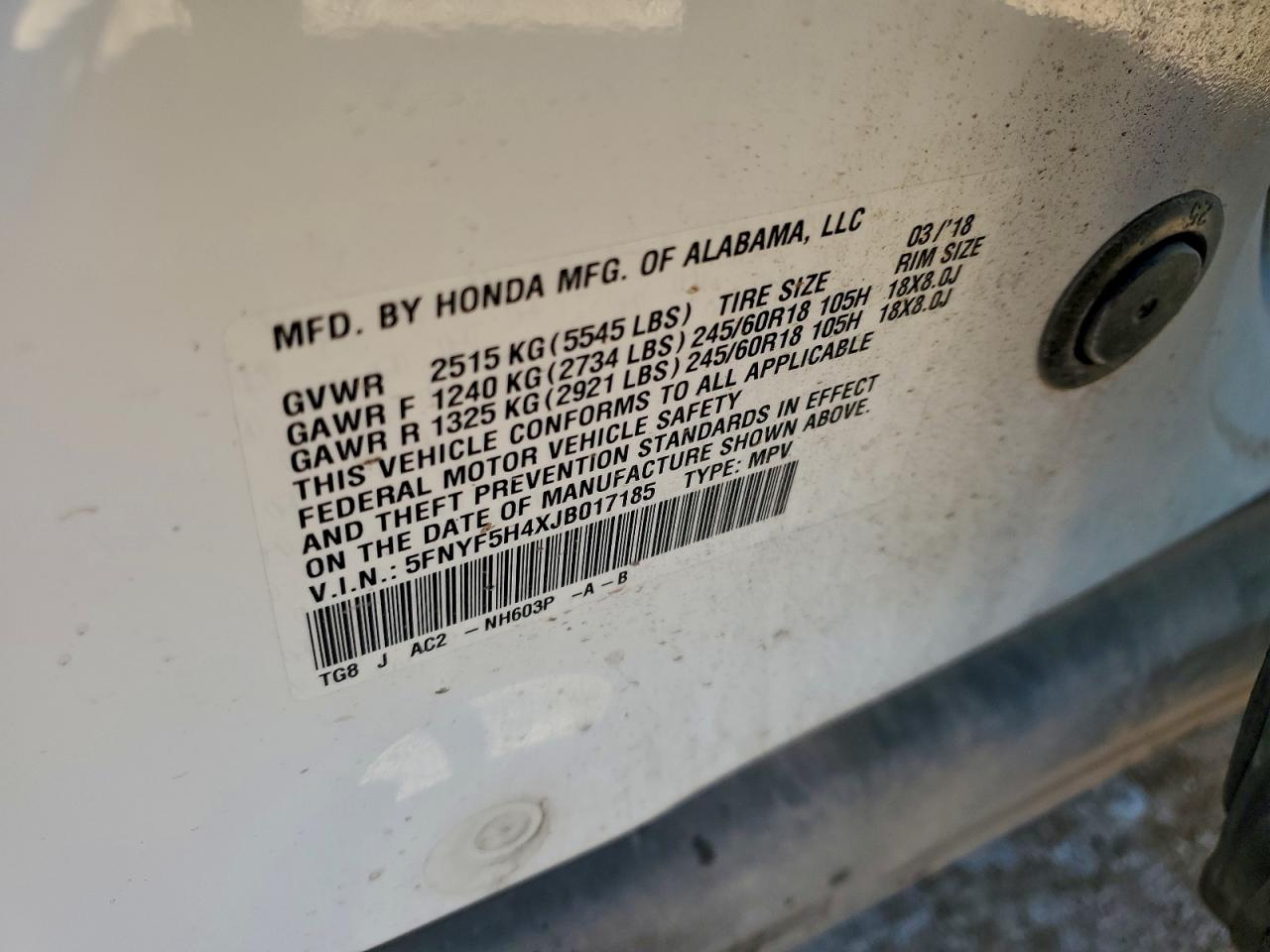 2018 Honda Pilot Ex VIN: 5FNYF5H4XJB017185 Lot: 93045385