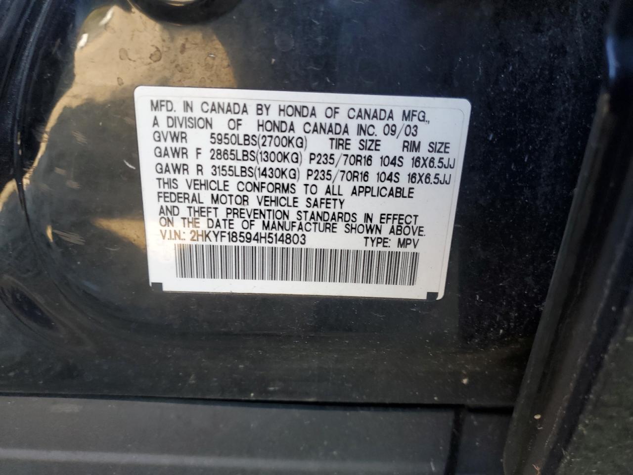 2004 Honda Pilot Exl VIN: 2HKYF18594H514803 Lot: 91596345