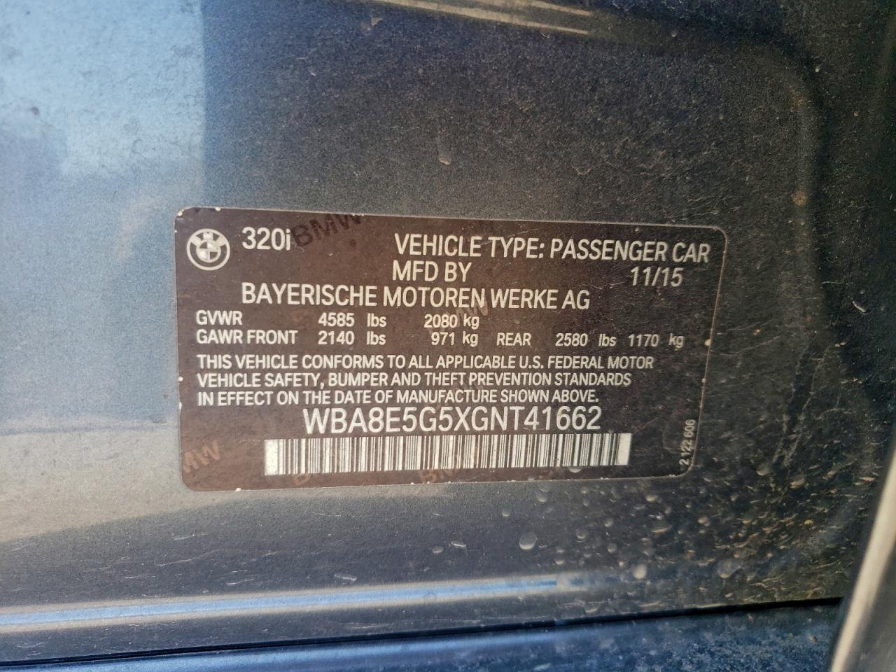 2016 BMW 320 Xi VIN: WBA8E5G5XGNT41662 Lot: 93708865