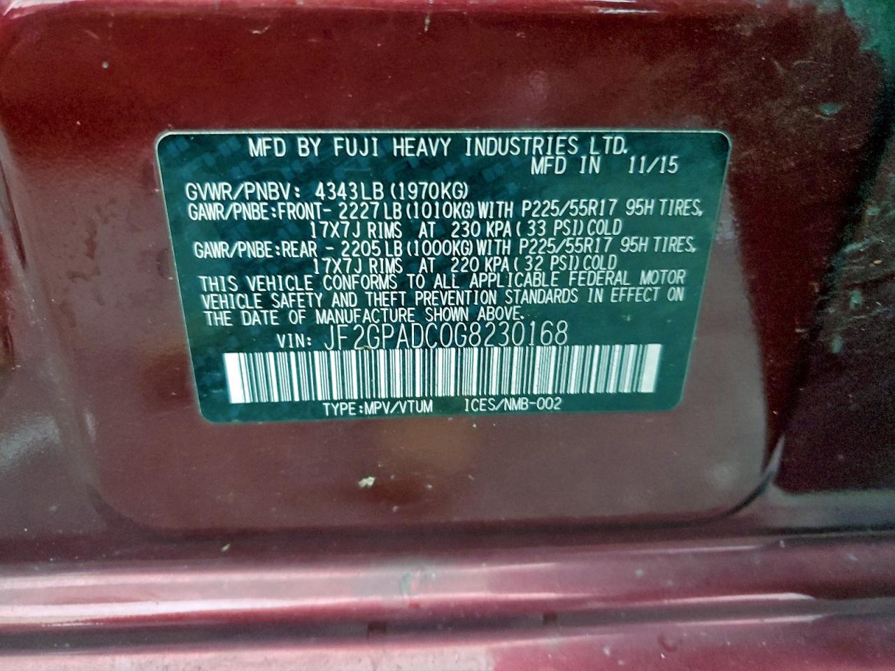 2016 Subaru Crosstrek Premium VIN: JF2GPADC0G8230168 Lot: 93629455