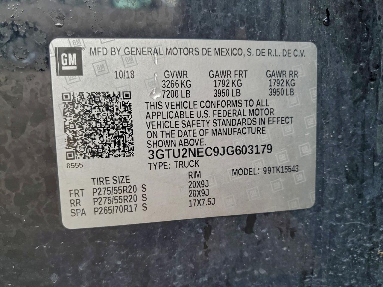 2018 GMC Sierra K1500 Slt VIN: 3GTU2NEC9JG603179 Lot: 93700915