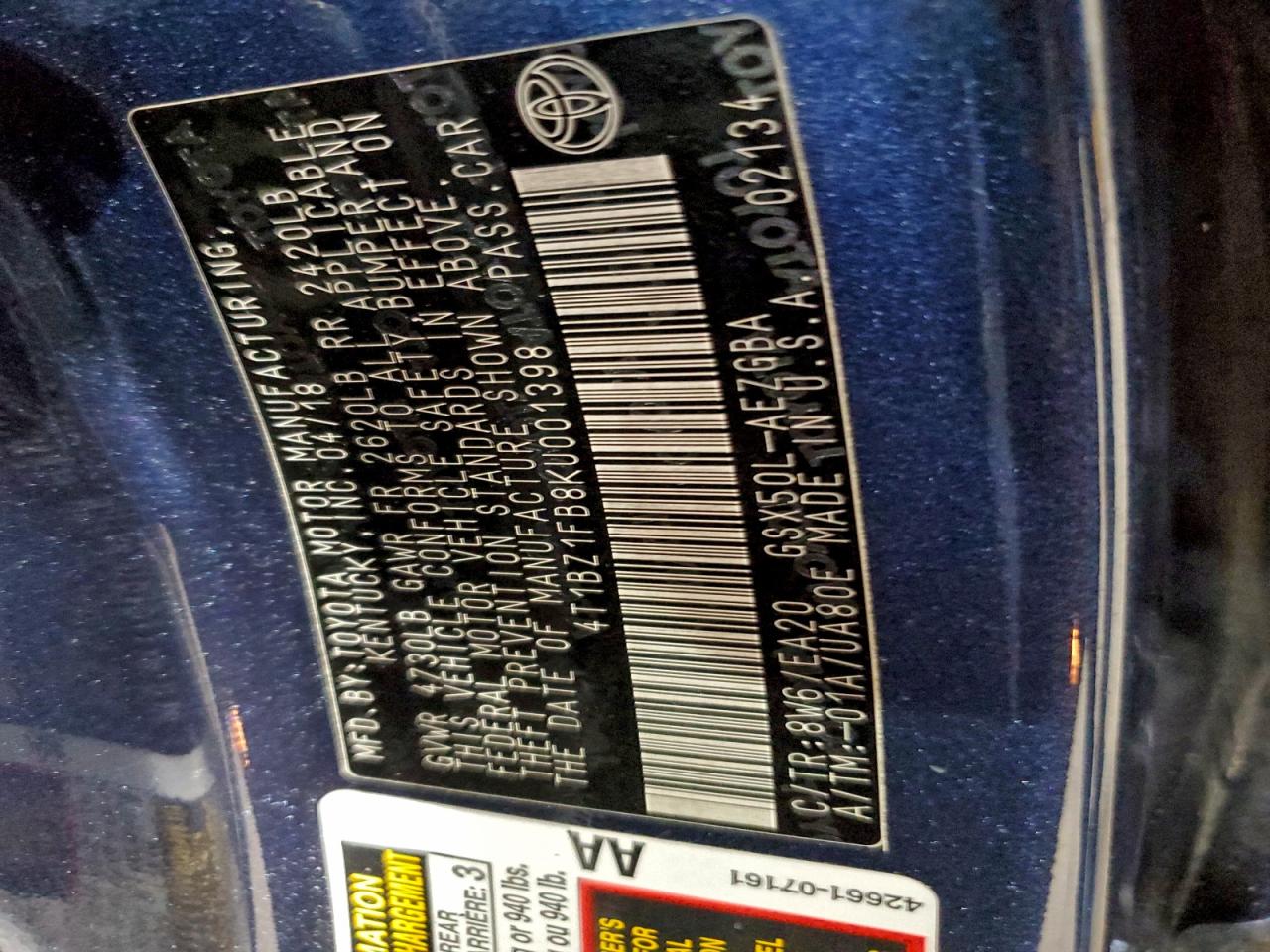 2019 Toyota Avalon Xle VIN: 4T1BZ1FB8KU001398 Lot: 94549545