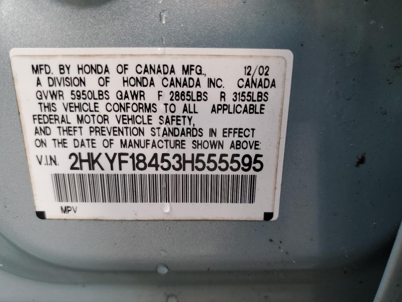 2003 Honda Pilot Ex VIN: 2HKYF18453H555595 Lot: 93387055