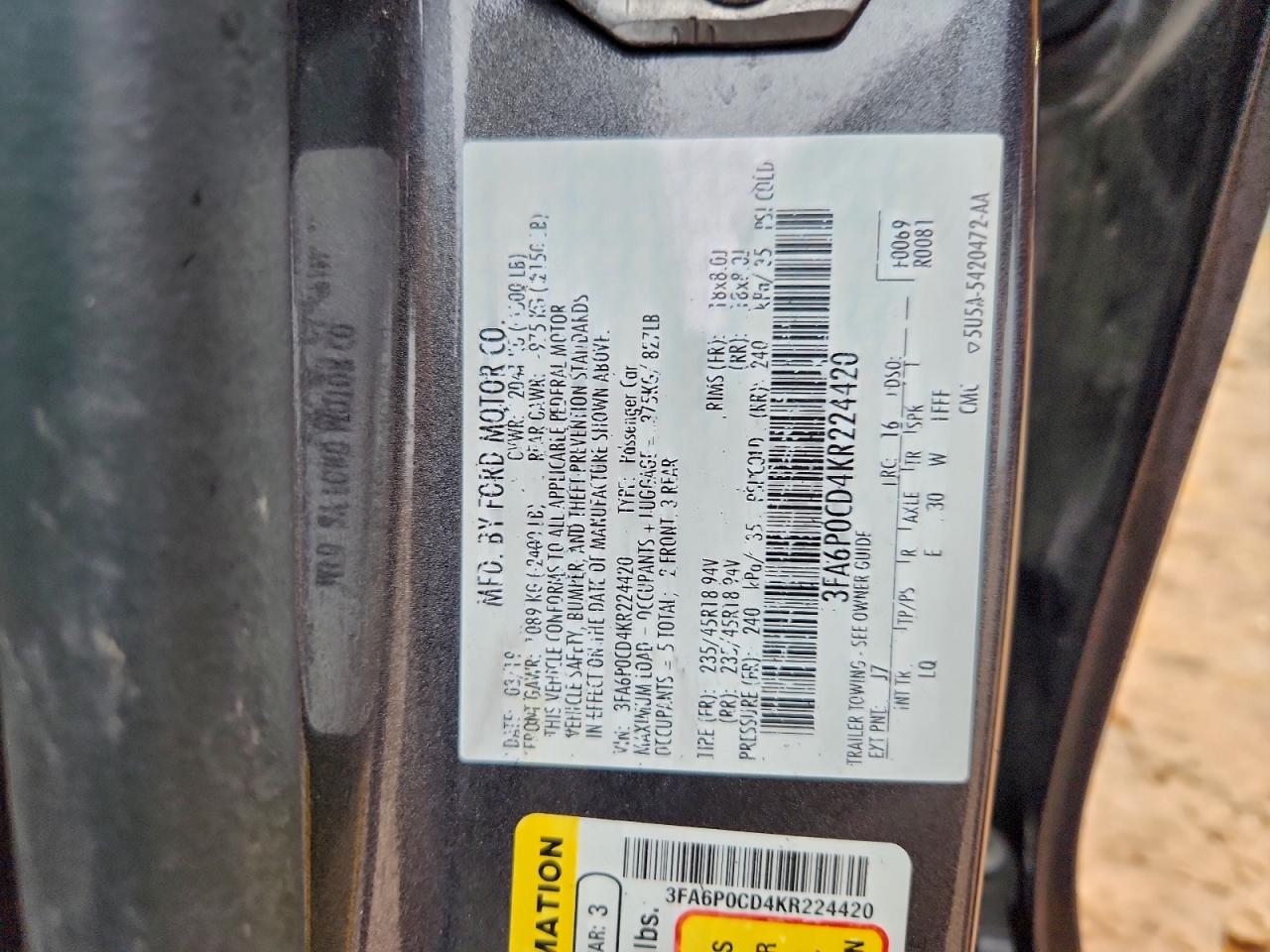 2019 Ford Fusion Sel VIN: 3FA6P0CD4KR224420 Lot: 94113395