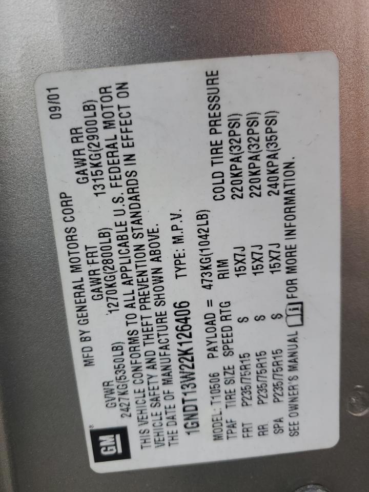 2002 Chevrolet Blazer VIN: 1GNDT13W22K126406 Lot: 91065875