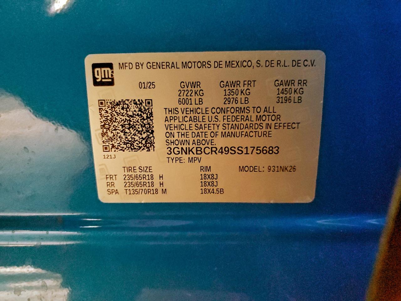 2025 Chevrolet Blazer 2Lt VIN: 3GNKBCR49SS175683 Lot: 93963895