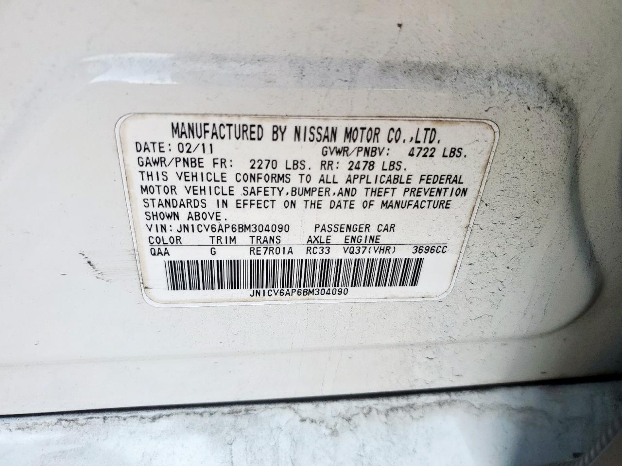 2011 Infiniti G37 Base VIN: JN1CV6AP6BM304090 Lot: 92209665