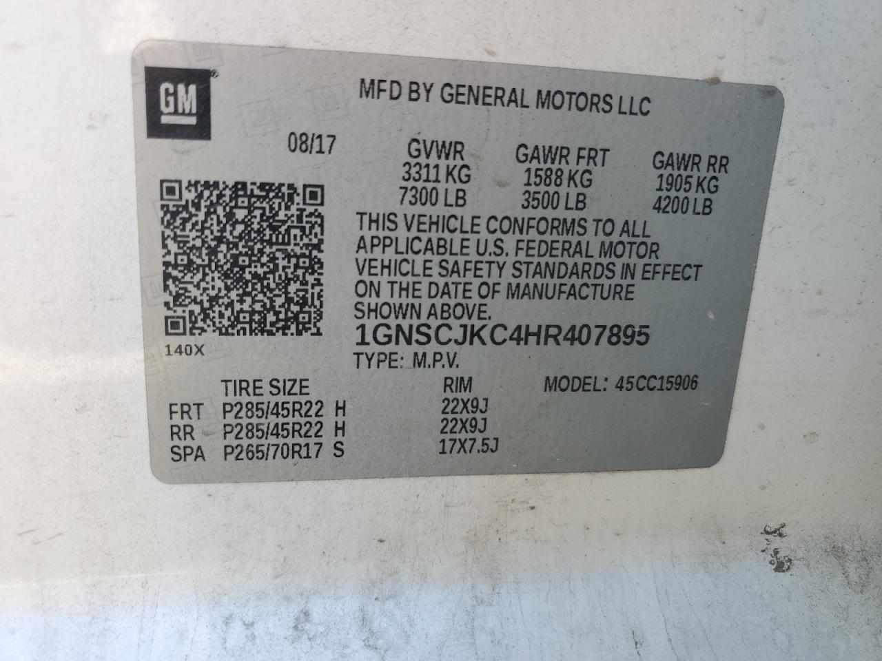 2017 Chevrolet Suburban C1500 Premier VIN: 1GNSCJKC4HR407895 Lot: 91659825