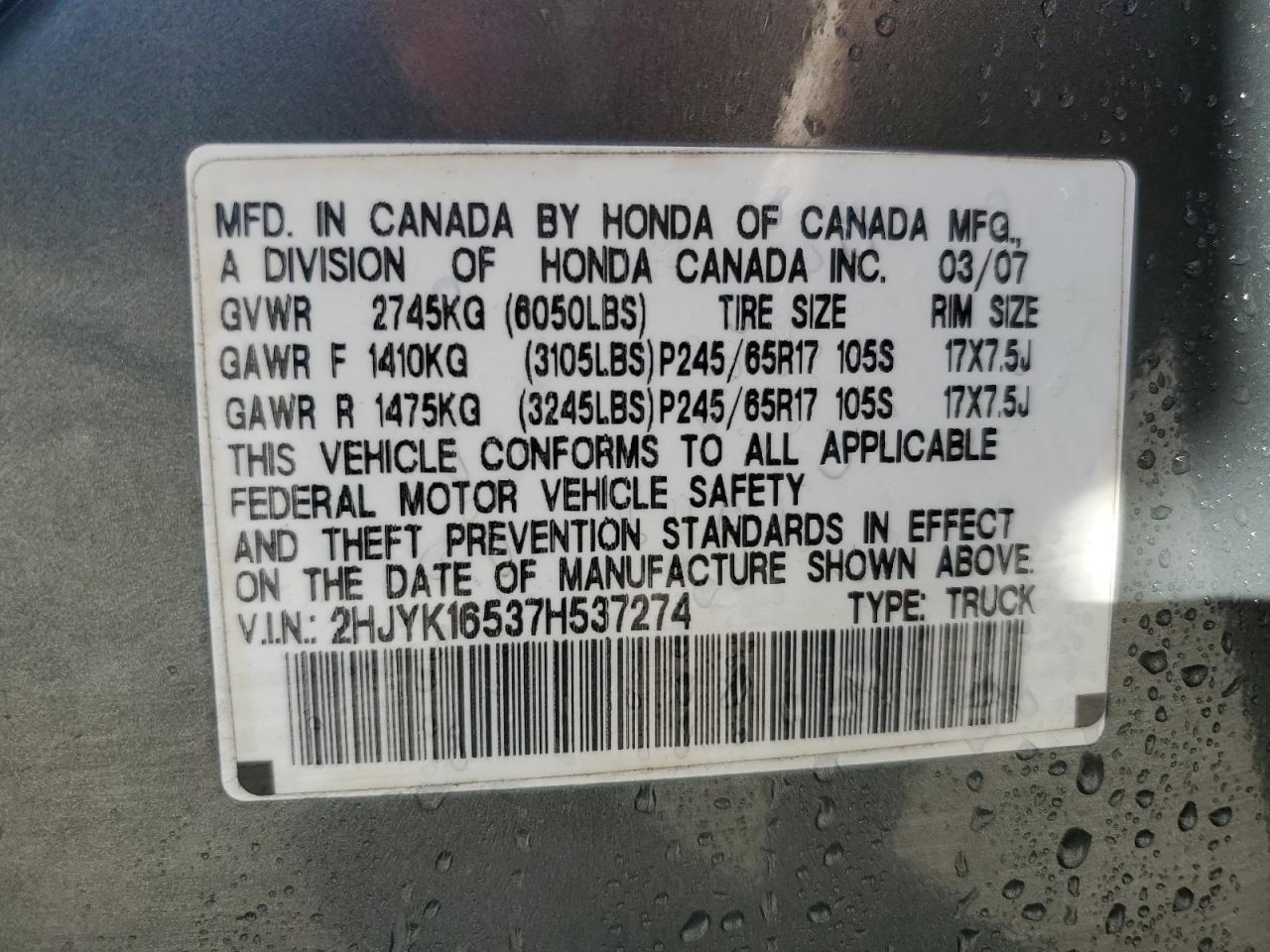 2007 Honda Ridgeline Rtl VIN: 2HJYK16537H537274 Lot: 91087955