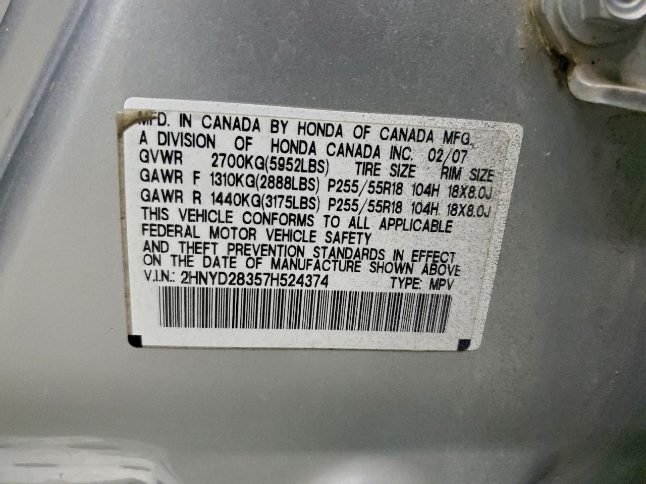 2007 Acura Mdx Technology VIN: 2HNYD28357H524374 Lot: 85440335