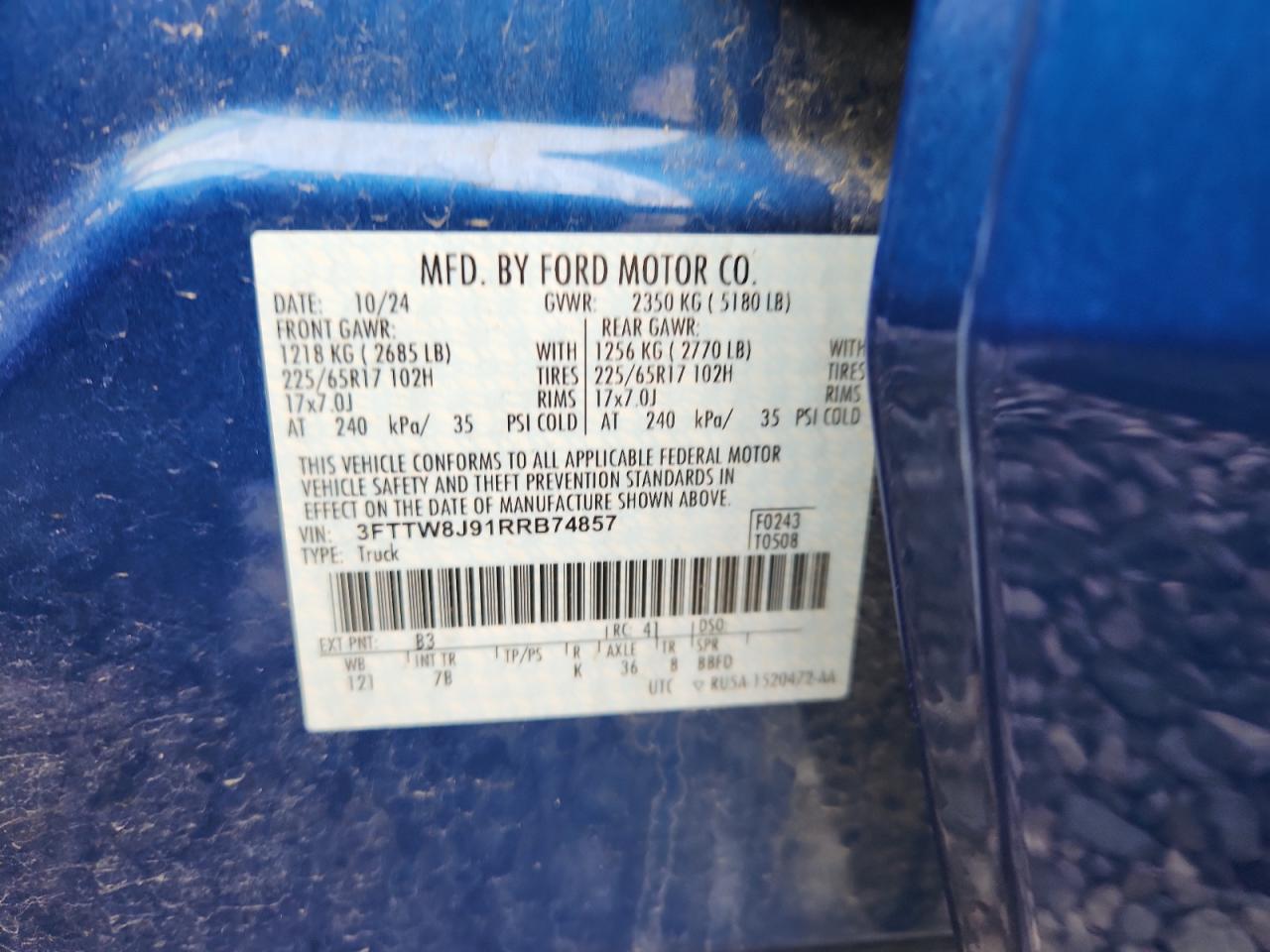 2024 Ford Maverick Xlt VIN: 3FTTW8J91RRB74857 Lot: 93843685