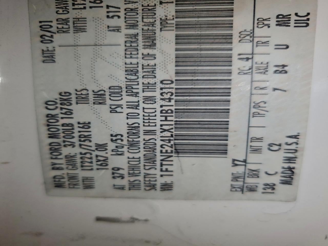 2001 Ford Econoline E250 Van VIN: B14310 Lot: 95113515