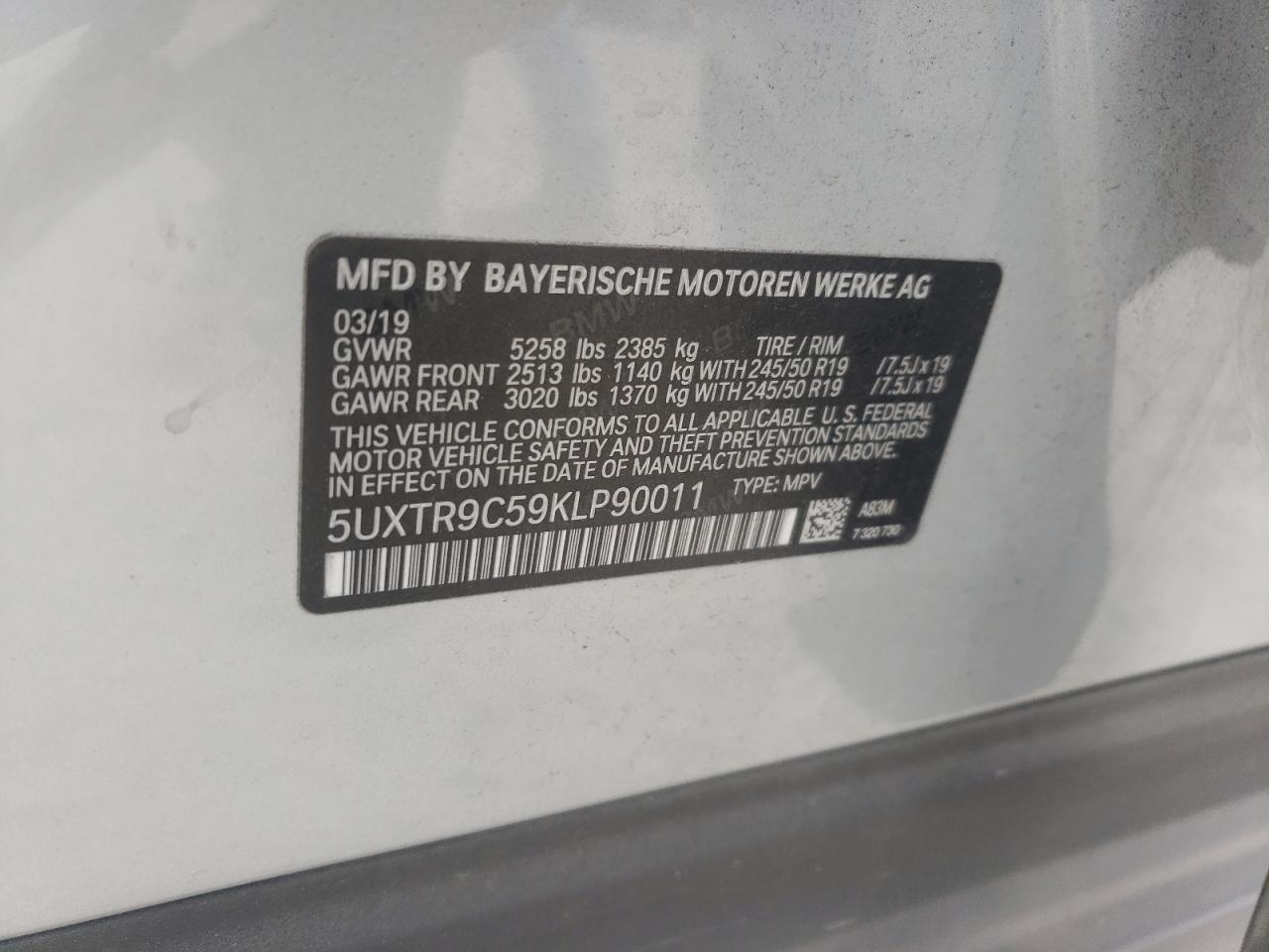 2019 BMW X3 xDrive30I VIN: 5UXTR9C59KLP90011 Lot: 93388315