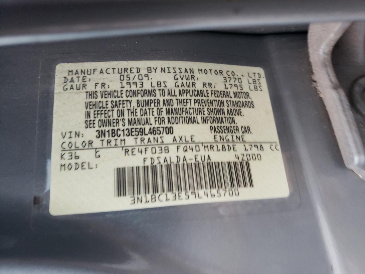 2009 Nissan Versa S VIN: 3N1BC13E59L465700 Lot: 92242575