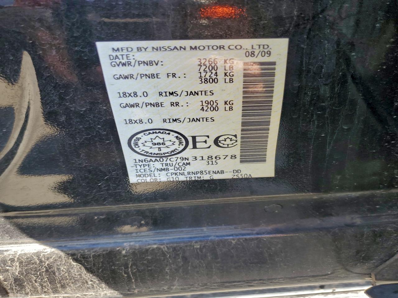 2009 Nissan Titan Xe VIN: 1N6AA07C79N318678 Lot: 93776715