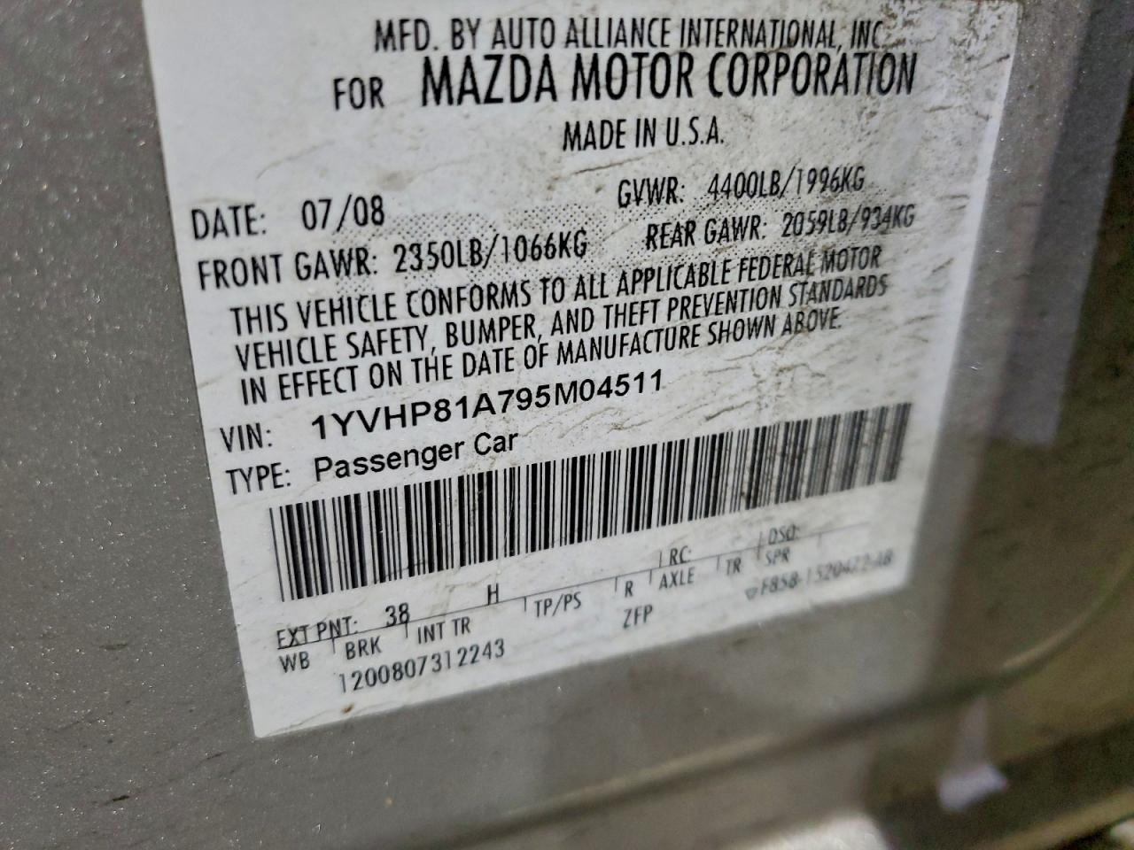 2009 Mazda 6 I VIN: 1YVHP81A795M04511 Lot: 94448655