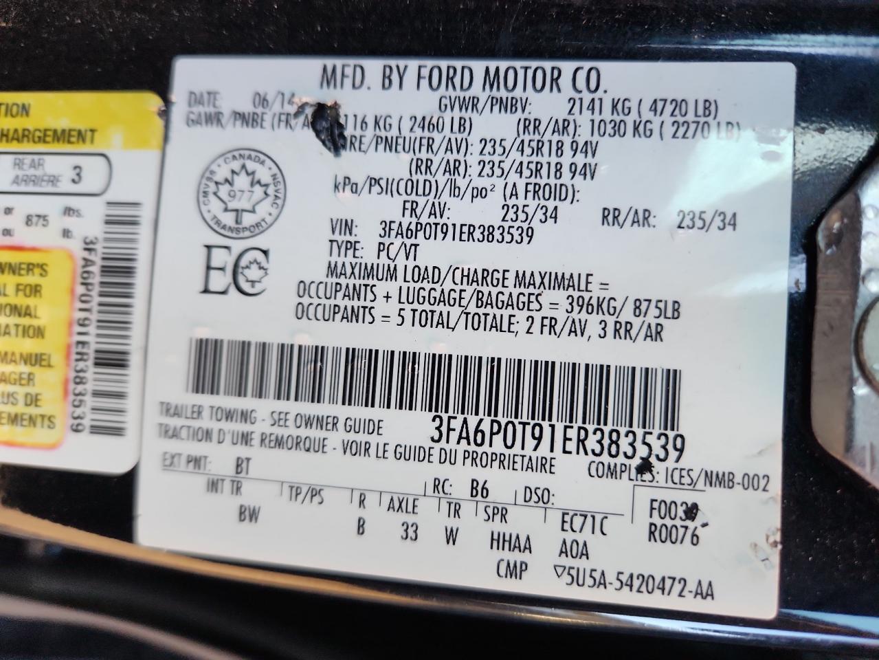 2014 Ford Fusion Se VIN: 3FA6P0T91ER383539 Lot: 93393565
