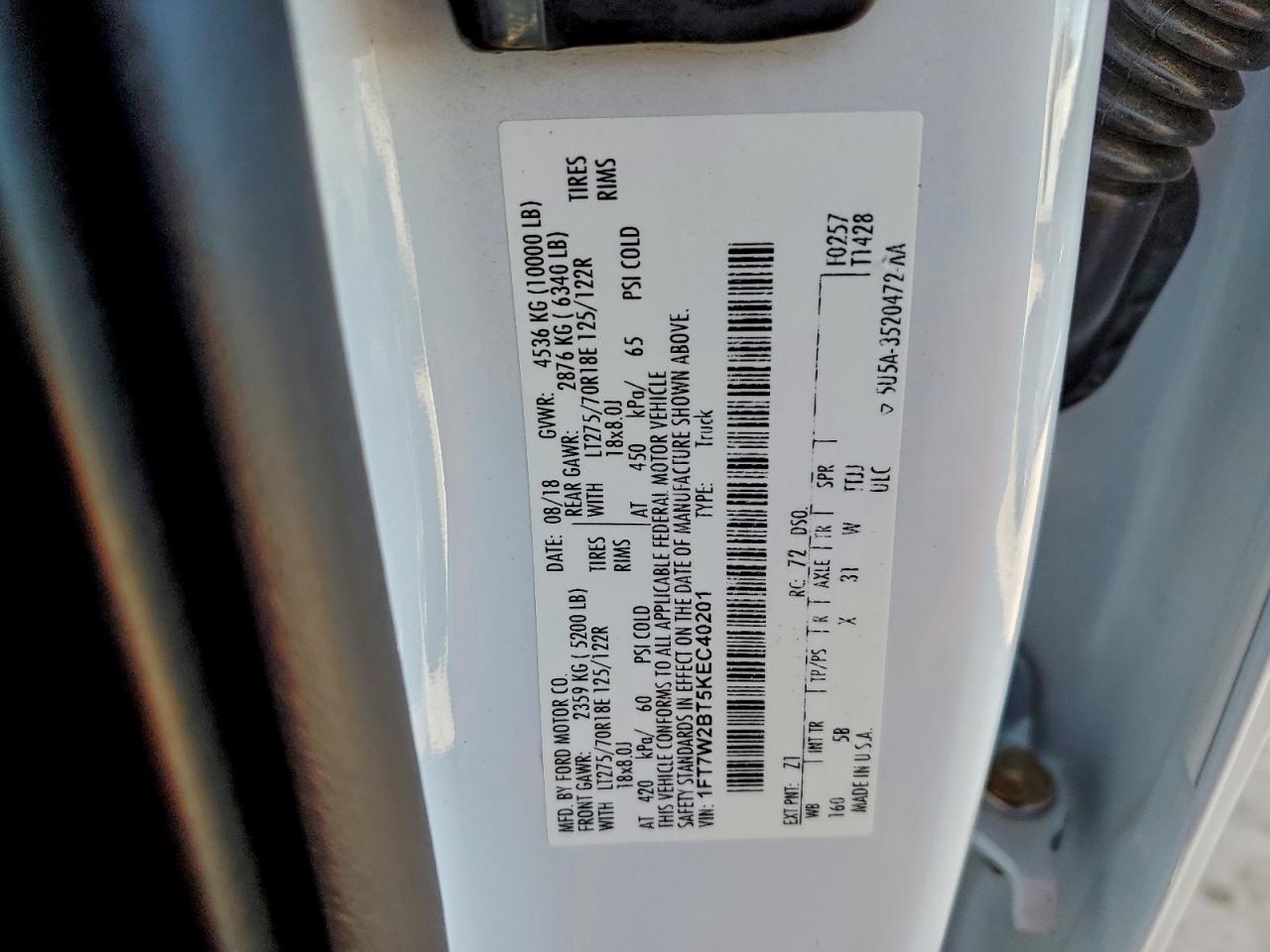 2019 Ford F250 Super Duty VIN: 1FT7W2BT5KEC40201 Lot: 94376915