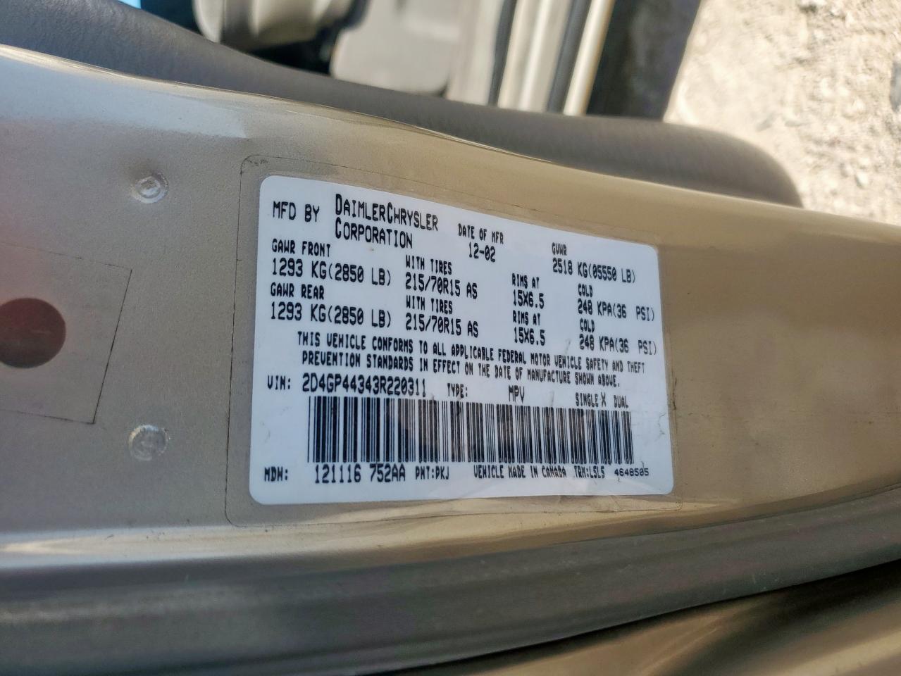 2003 Dodge Grand Caravan Sport VIN: 2D4GP44343R220311 Lot: 91705255