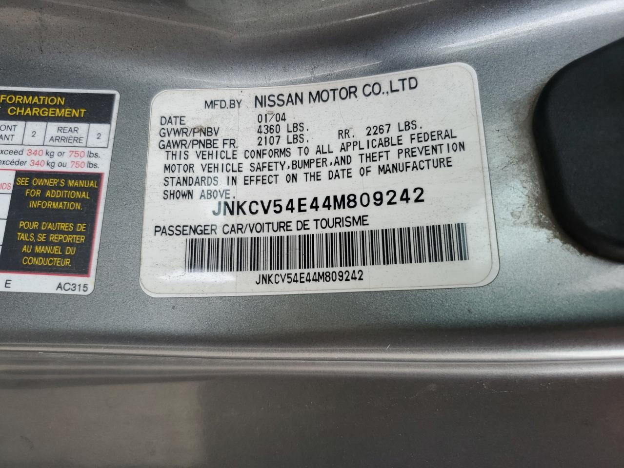 2005 Infiniti G35 VIN: JNKCV54E44M809242 Lot: 93647285