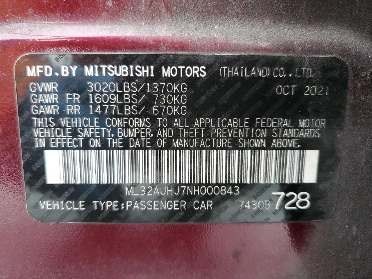 2022 Mitsubishi Mirage Es VIN: ML32AUHJ7NH000843 Lot: 91419435