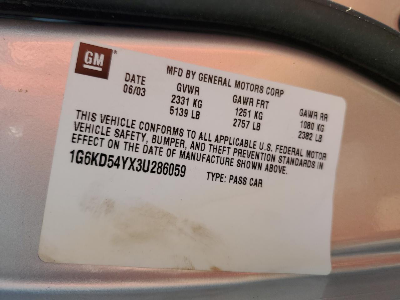 2003 Cadillac Deville VIN: 1G6KD54YX3U286059 Lot: 91885255