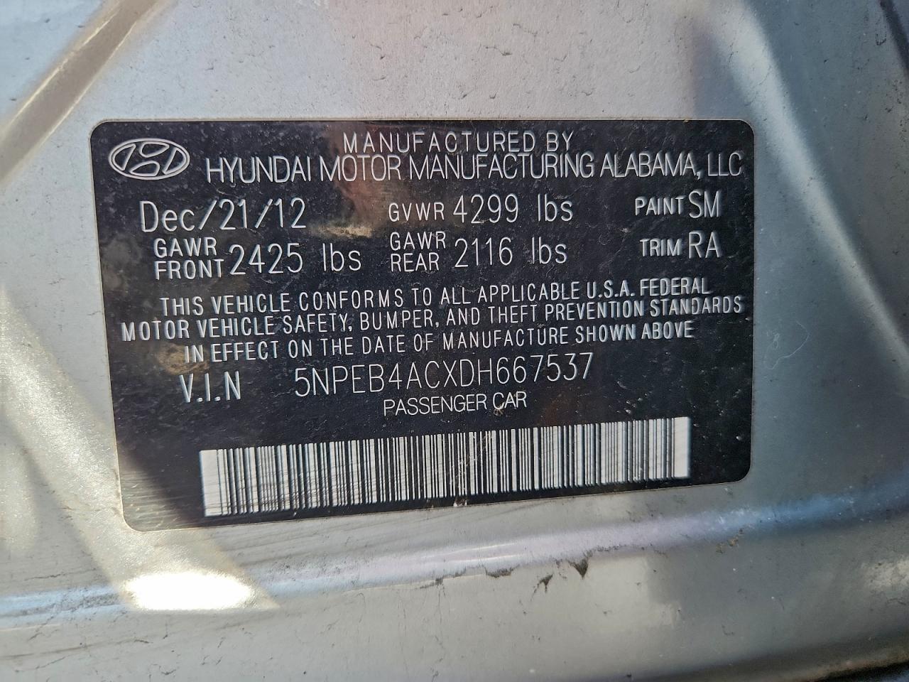 2013 Hyundai Sonata Gls VIN: 5NPEB4ACXDH667537 Lot: 93448685