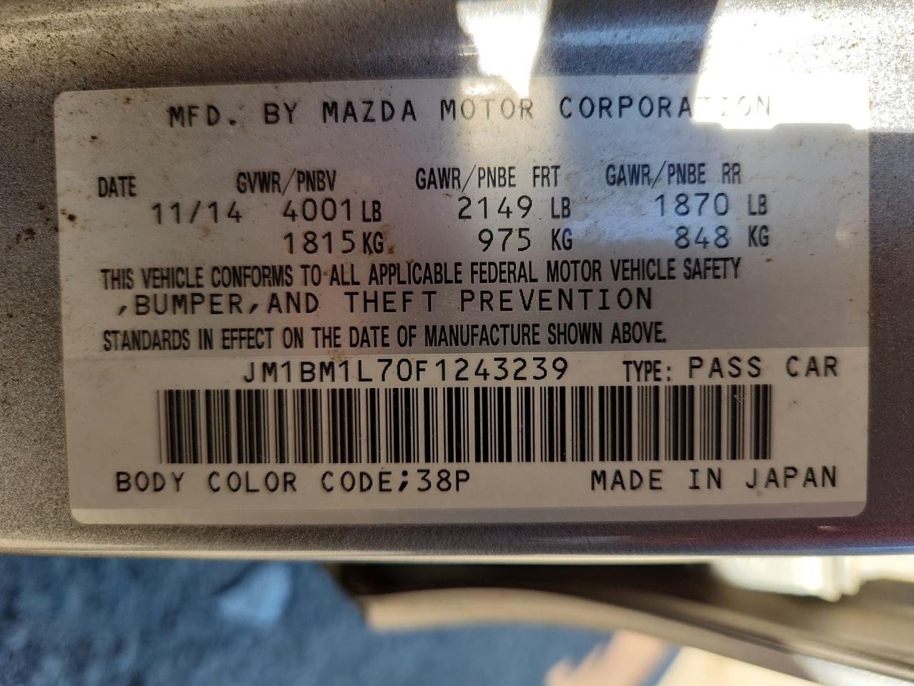 2015 Mazda 3 Touring VIN: JM1BM1L70F1243239 Lot: 90922465