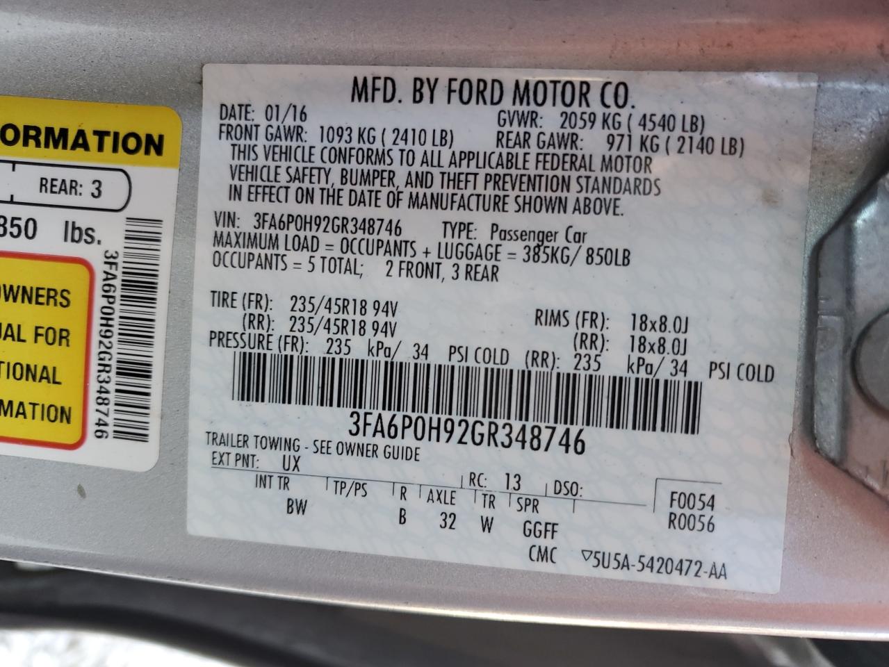 2016 Ford Fusion Se VIN: 3FA6P0H92GR348746 Lot: 91724525