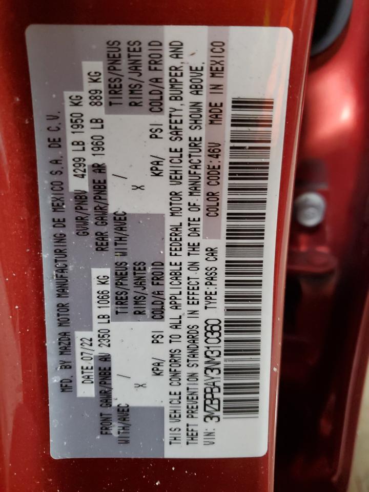 2022 Mazda 3 VIN: 3MZBPBAY3NM310360 Lot: 91786415