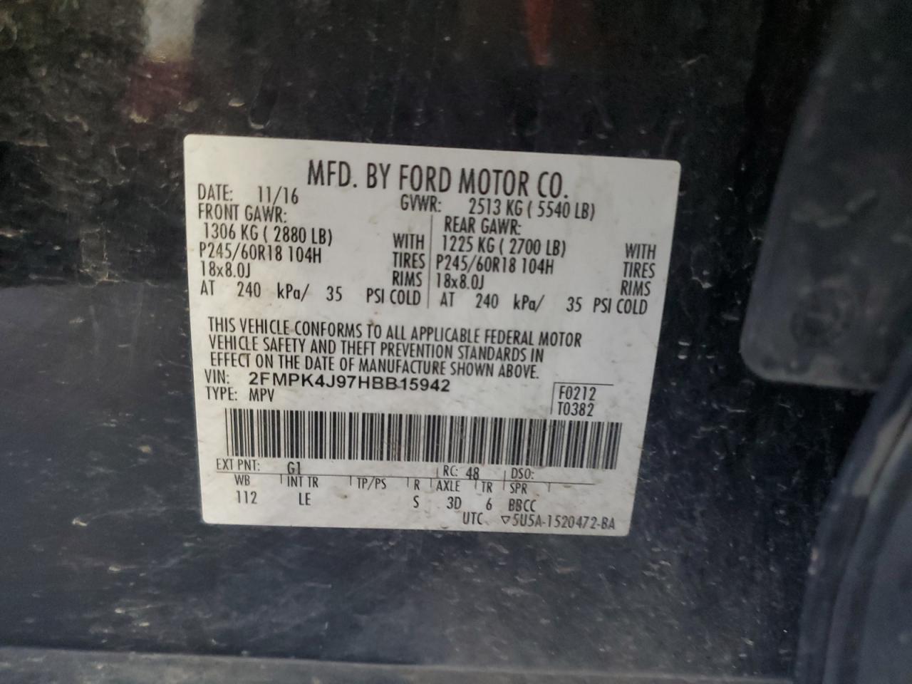 2017 Ford Edge Sel VIN: 2FMPK4J97HBB15942 Lot: 91105865