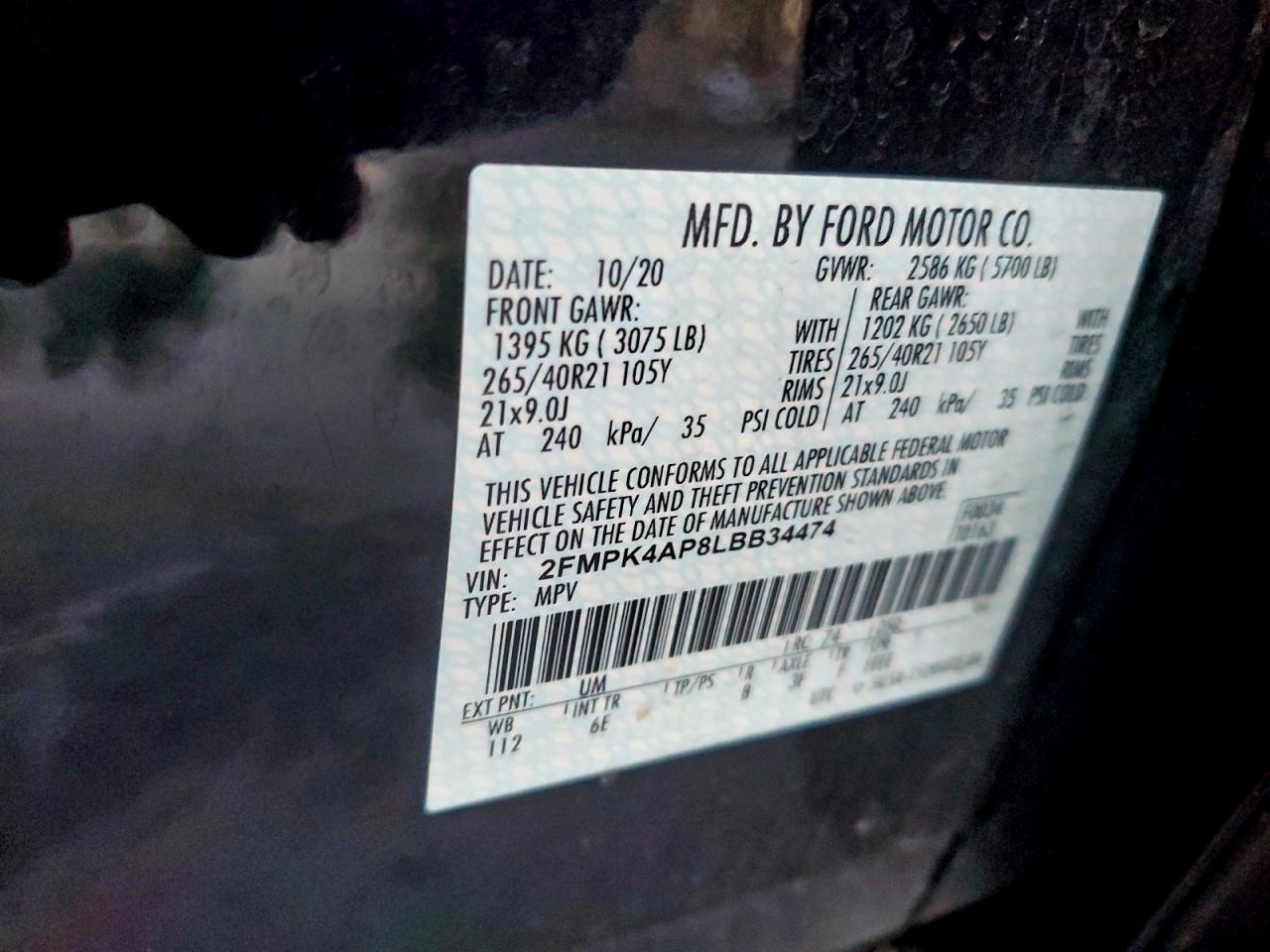 2020 Ford Edge St VIN: 2FMPK4AP8LBB34474 Lot: 94115835