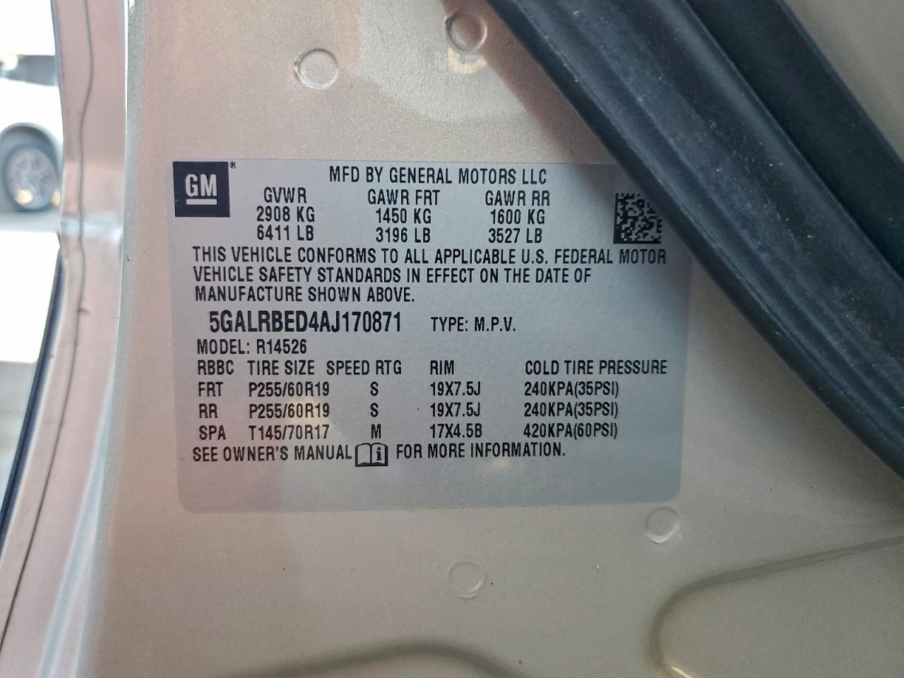 2010 Buick Enclave Cxl VIN: 5GALRBED4AJ170871 Lot: 94542365