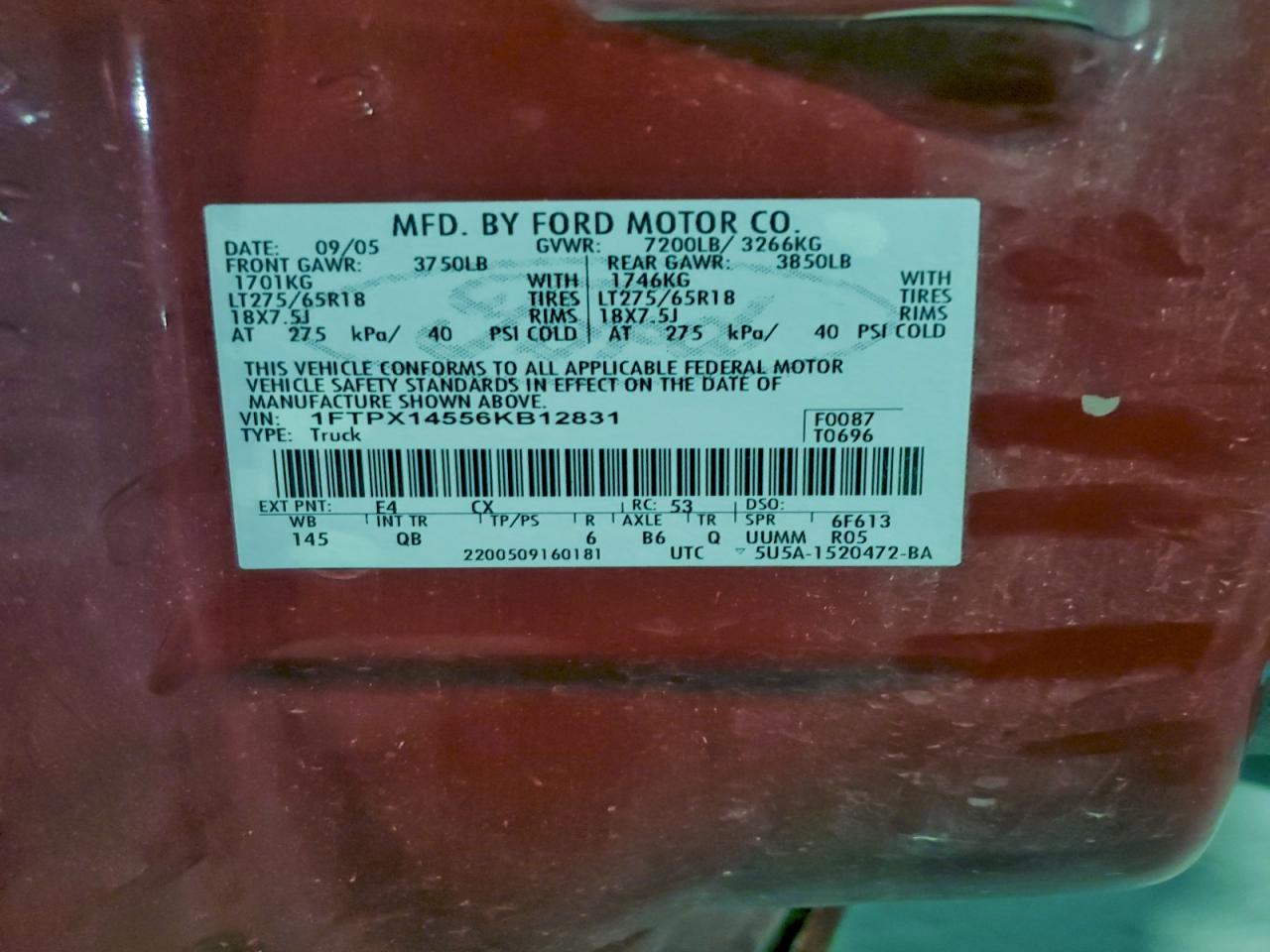 2006 Ford F150 VIN: 1FTPX14556KB12831 Lot: 94915095