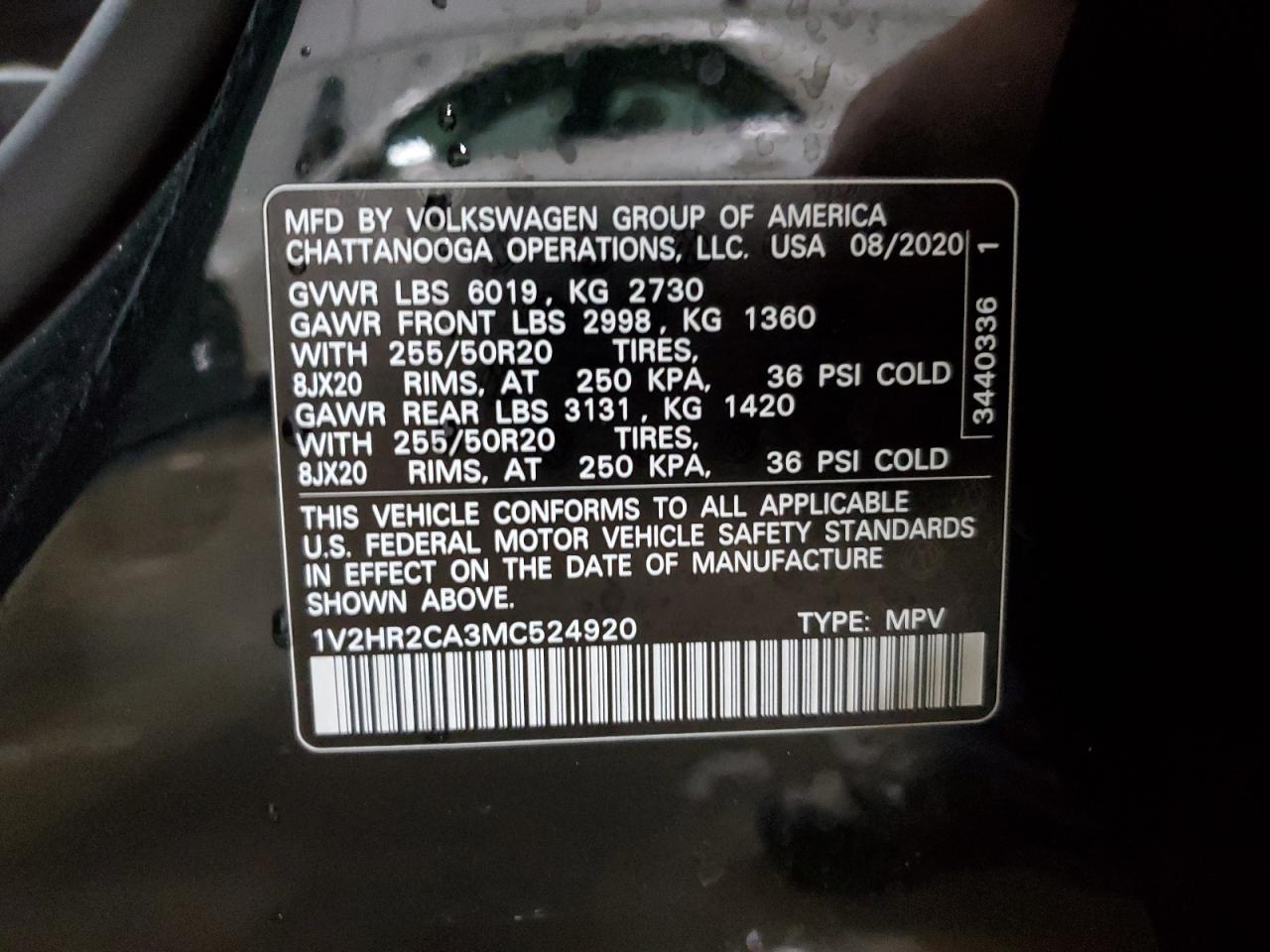 2021 Volkswagen Atlas Se VIN: 1V2HR2CA3MC524920 Lot: 92826795