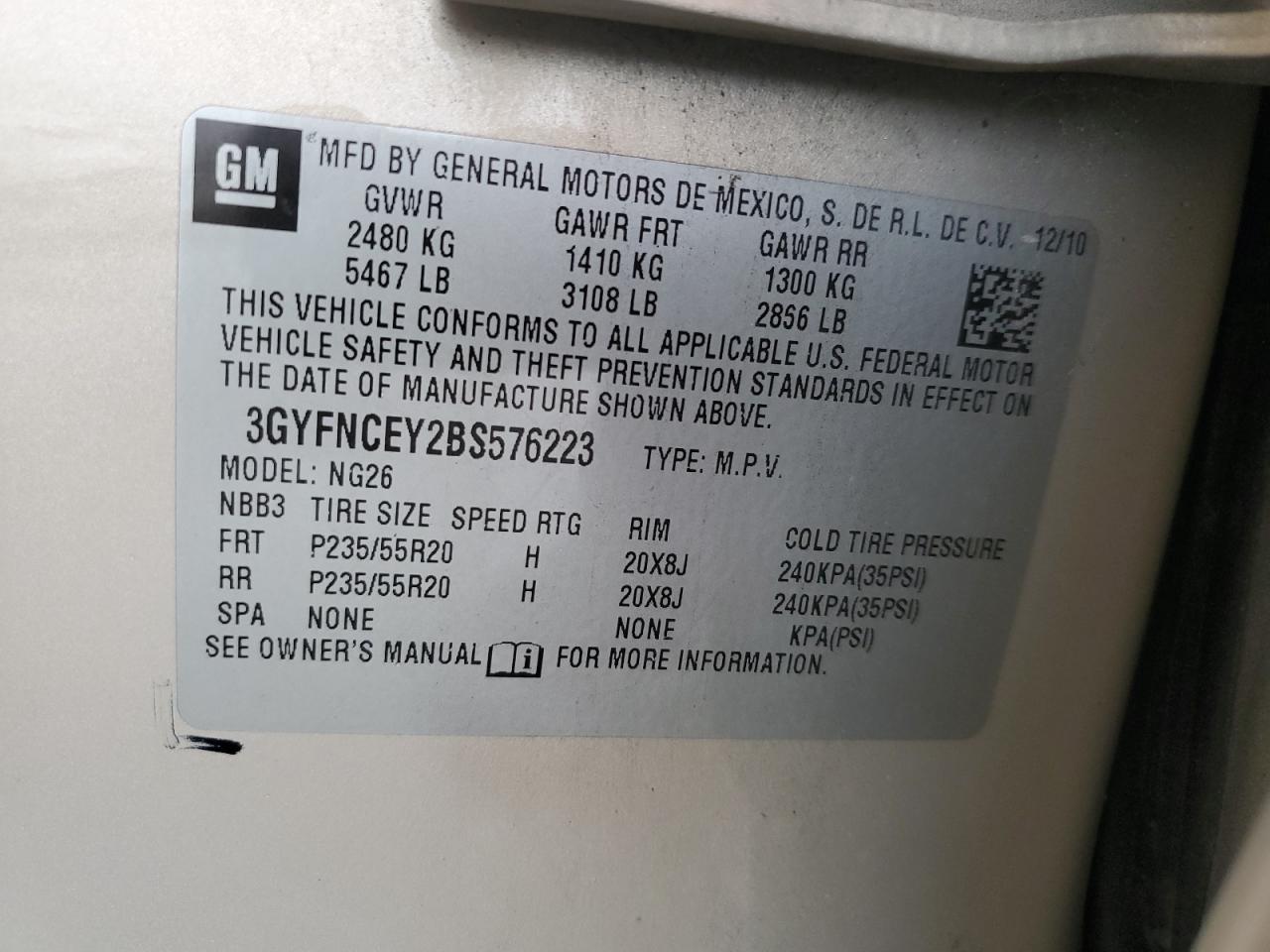 2011 Cadillac Srx Premium Collection VIN: 3GYFNCEY2BS576223 Lot: 93982685