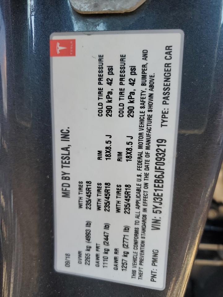 2018 Tesla Model 3 VIN: 5YJ3E1EB6JF093219 Lot: 91286475