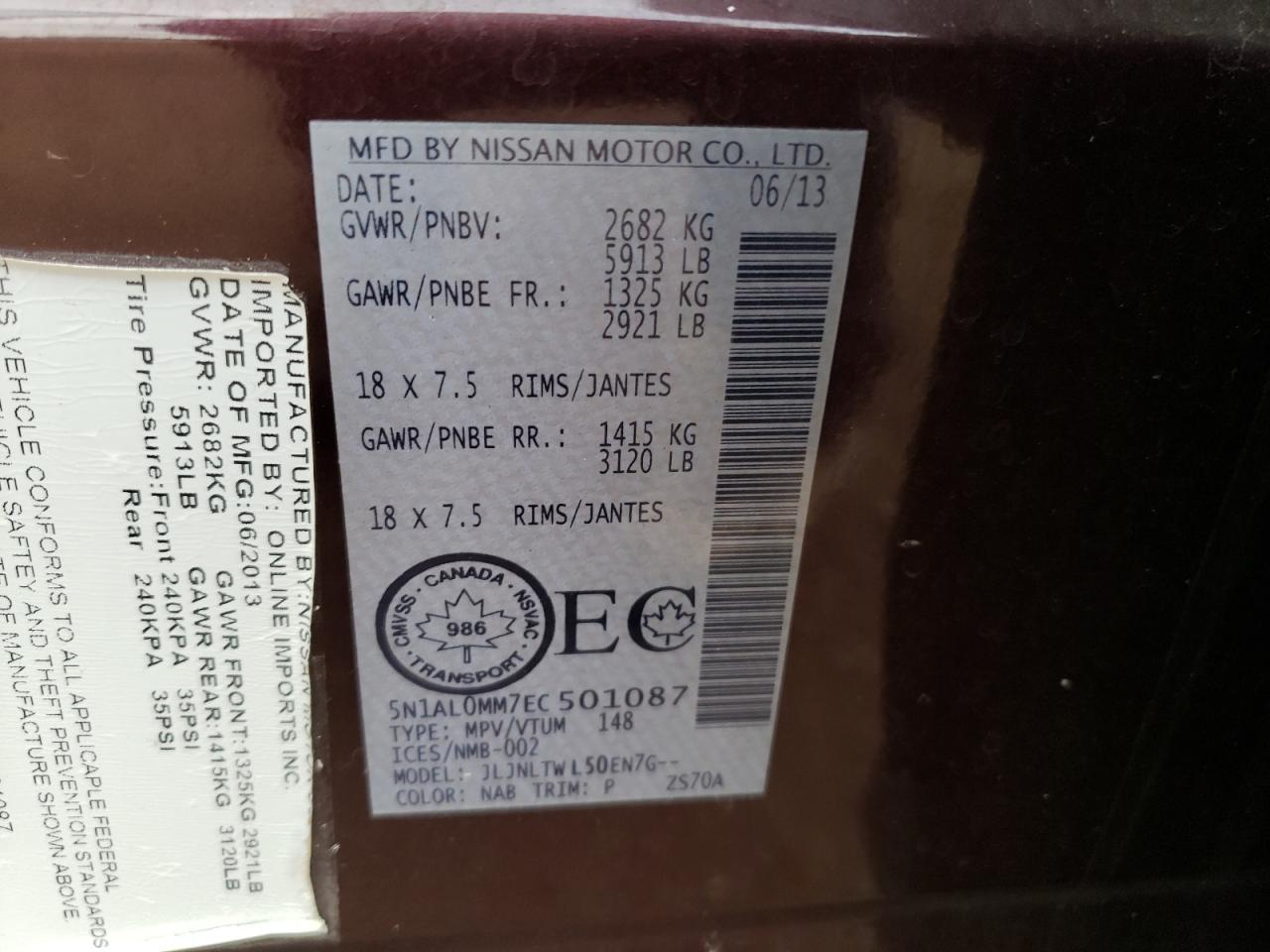 2014 Infiniti Qx60 VIN: 5N1AL0MM7EC501087 Lot: 94004015