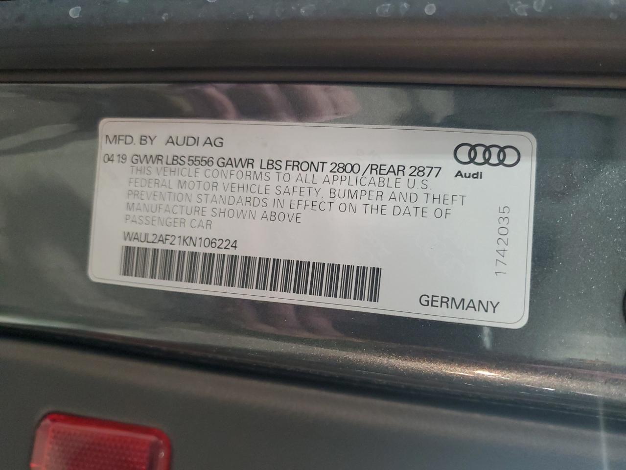 2019 Audi A6 Premium Plus VIN: WAUL2AF21KN106224 Lot: 91658125