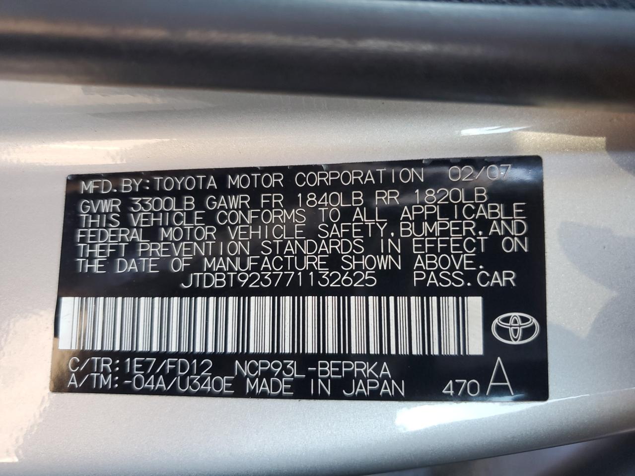 2007 Toyota Yaris VIN: JTDBT923771132625 Lot: 93540495