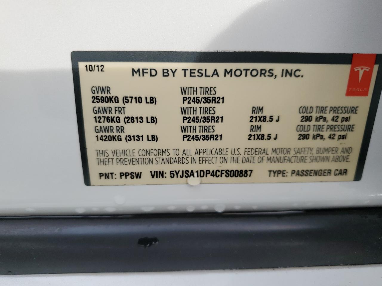 2012 Tesla Model S VIN: 5YJSA1DP4CFS00887 Lot: 92720455